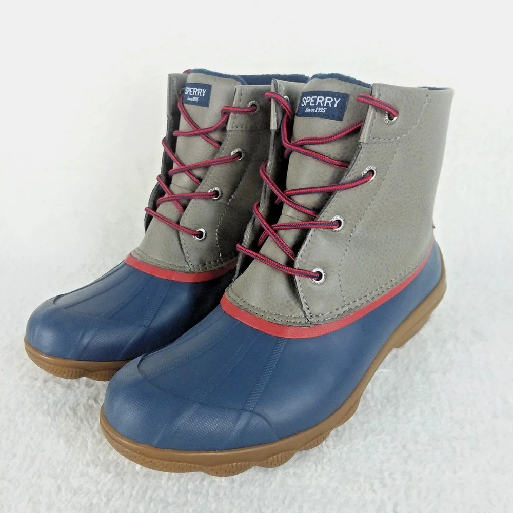 Sperry Syren Gulf Duck Rain Boots Ankle Zip Navy‎ Red Gray Women's 8 Winter Rain